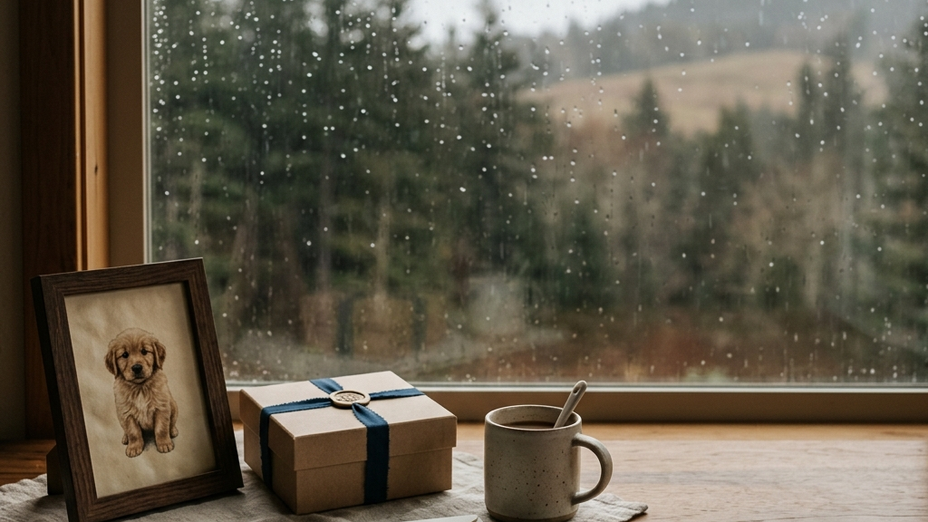 Rainy window scene with a framed pet portrait, gift box, mug, and blank envelope