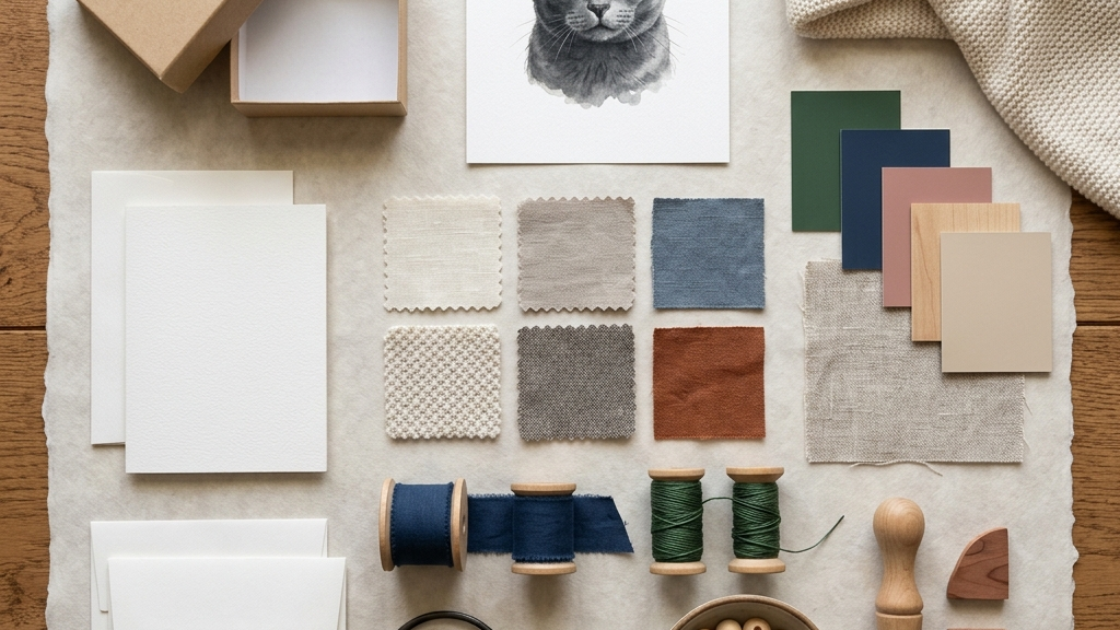 Flat lay of custom pet gift materials including fabric swatches, ribbons, blank cards, gift boxes, and pet portrait art