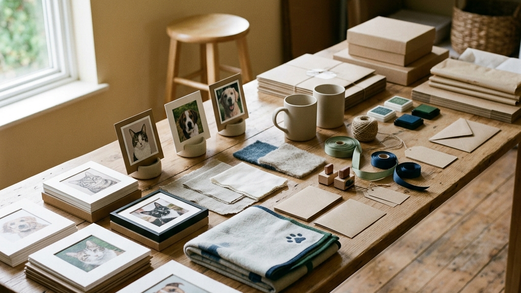 Pet gift customization table with pet photos, fabric samples, mugs, ribbons, and blank packaging materials