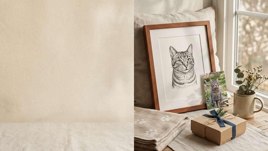 Custom pet portrait, blanket, and gift box arranged by a bright window with blank space for headline copy