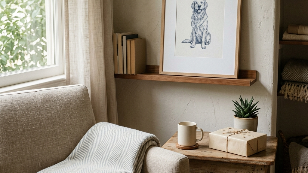 Cozy home corner with a framed pet portrait, folded blanket, mug, and gift box