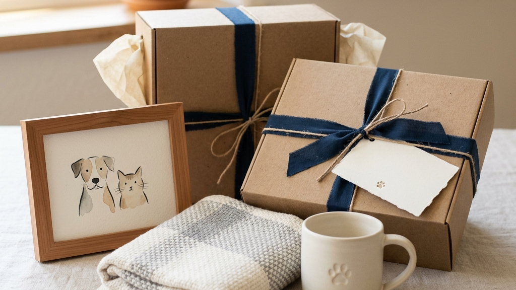 Personalized pet gift boxes with a framed pet illustration, custom mug, folded blanket, and ribbon