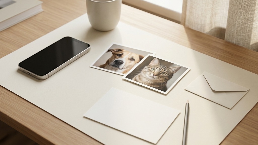 Pet photo review desk with a phone, dog and cat photos, blank note card, pencil, and envelope